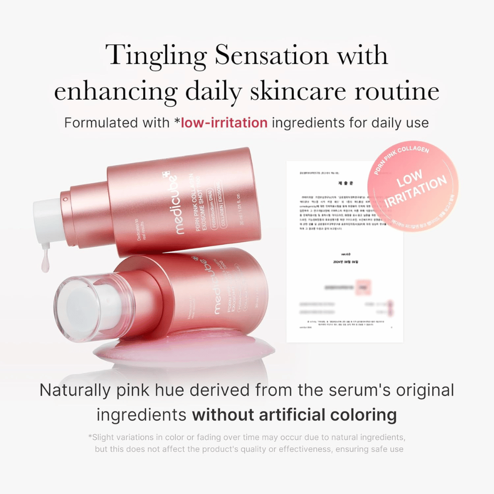 Medicube PDRN Pink Collagen Exosome Shot 7500 esiteltynä painottaen vähäistä ärsytystä. Seerumissa on ainesosista luonnostaan peräisin oleva vaaleanpunainen sävy, ja se on kehitetty tuottamaan pistelevä tunne, joka tukee ihonhoitorutiinia.