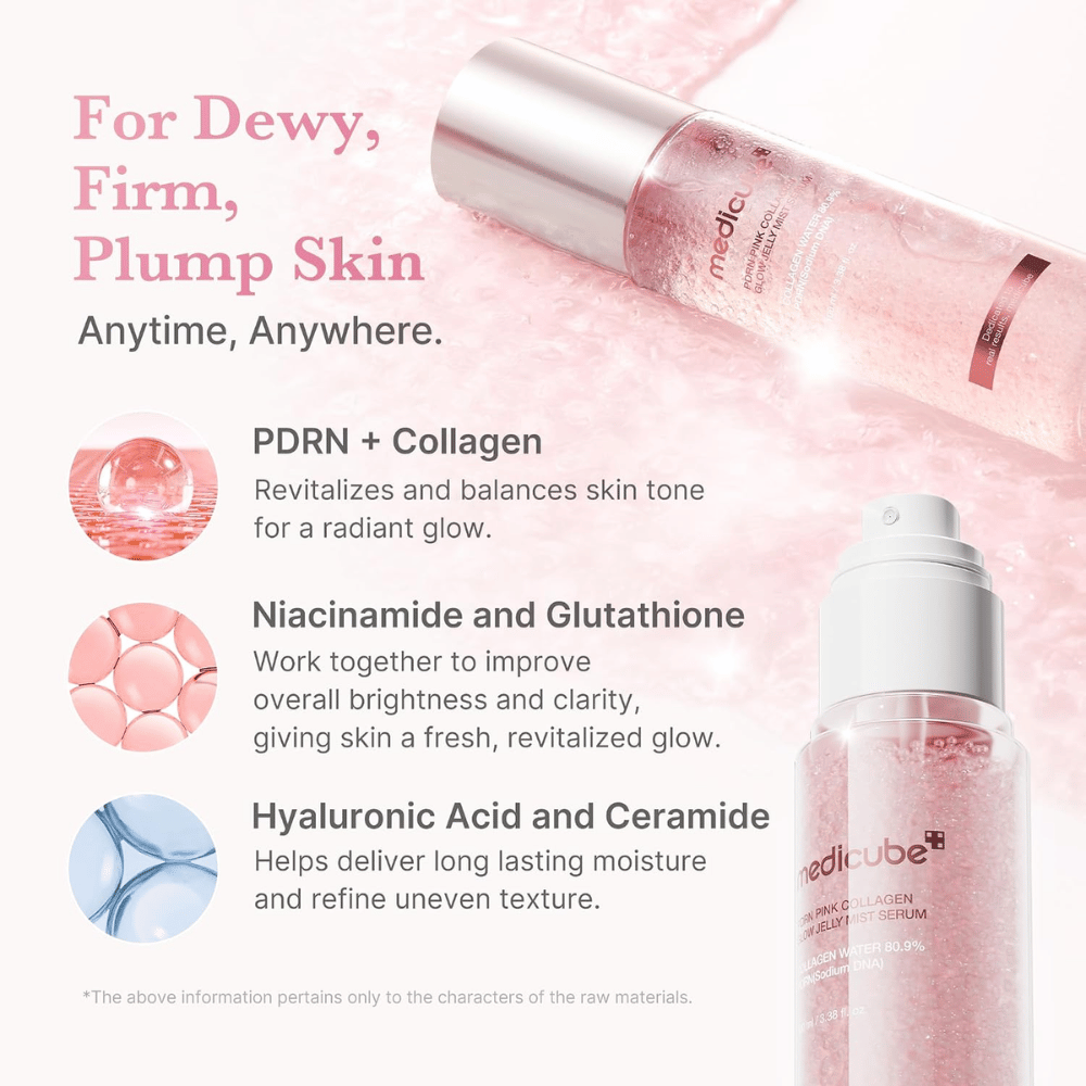 4. Medicube PDRN Pink Collagen Glow Jelly Mist Serum – kosteuttava suihke, jossa on PDRN, kollageenia, niasiiniamidia ja hyaluronihappoa