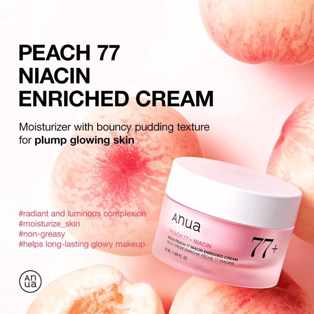 Anua Peach 77% Niacin Enriched Cream – vanukasmainen kosteusvoide, joka antaa hehkua ja täyteläisyyttä 77 % persikkauutteella.
