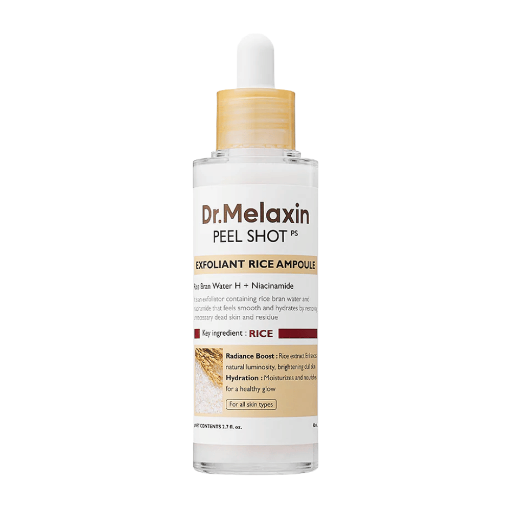 Dr.Melaxin Peel Shot Exfoliant Rice Ampoule kokonaiskuvassa valkoista taustaa vasten, kuoriva kasvoseerumi riisiuutteella ja niasiiniamidilla tasaisemman ihon sävyn ja lisääntyneen hehkun saavuttamiseksi.