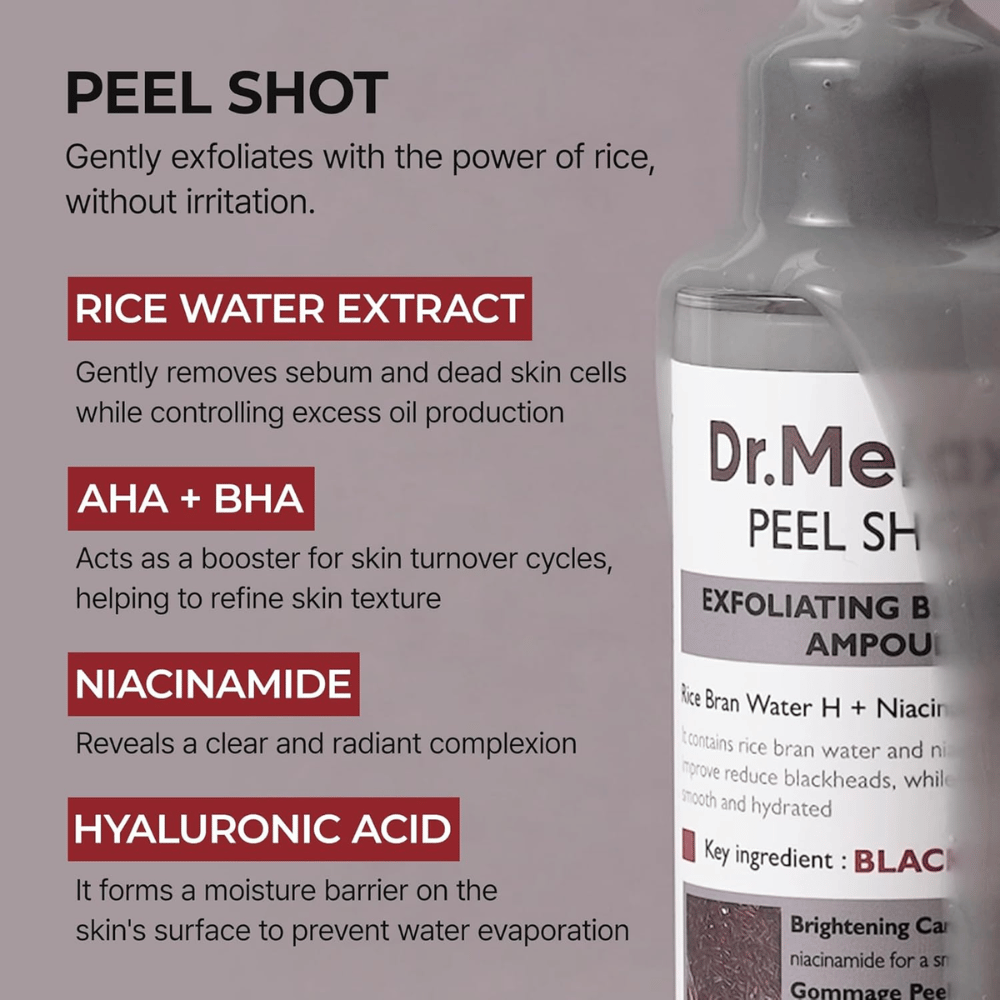 Dr.Melaxin Peel Shot Black Rice Ampoule riisivesiuutteella, AHA BHA, niasiinamidilla ja hyaluronihapolla kuorintaan ja huokosten hienontamiseen