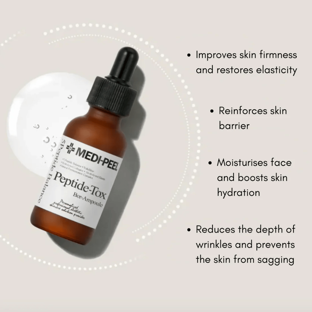 MEDI-PEEL Peptide-Tox Bor Ampoule – korealainen kasvojen seerumi peptideillä, joka parantaa ihon kiinteyttä, vahvistaa ihon suojakerrosta, kosteuttaa syvältä ja vähentää näkyviä ryppyjä.