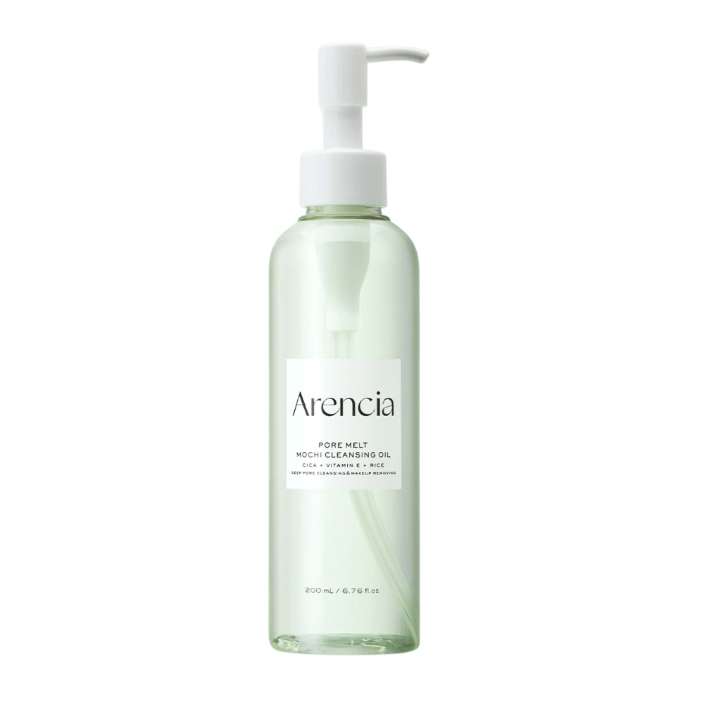 Arencia Pore Melt Mochi Cleansing Oil täysikuvassa valkoista taustaa vasten, korealainen öljypuhdistus pumppupullossa, joka puhdistaa huokoset ja poistaa meikin ilman ärsytystä.