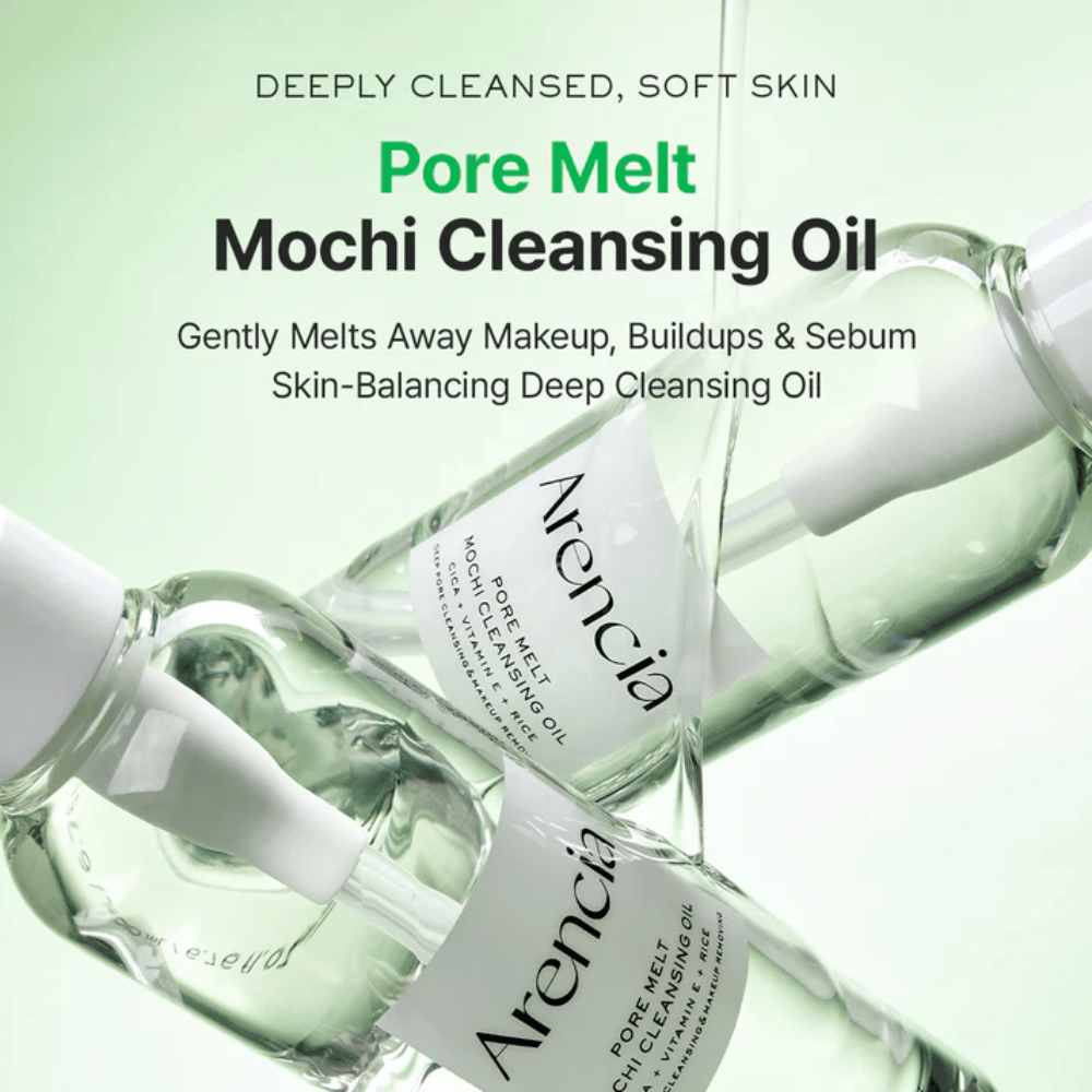 Tuotekuva eduista Arencia Pore Melt Mochi Cleansing Oil, sulattaa meikin ja talin, tukee ihon suojaa ja jättää ihon pehmeäksi ilman kiristystä.