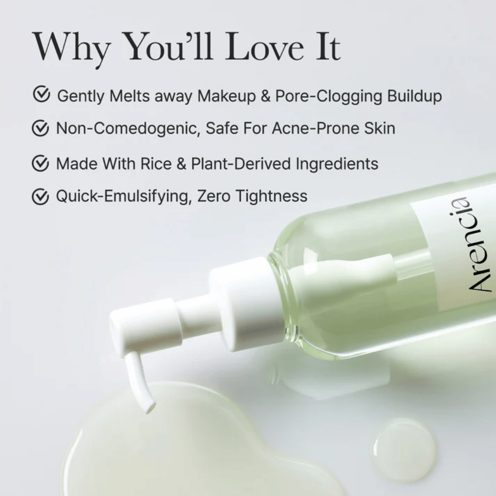 Informatiivinen kuva Arencia Pore Melt Mochi Cleansing Oil, joka on 100 % huokosystävällinen ja ei-komedogeeninen, suunniteltu herkälle ja akneen taipuvaiselle iholle.