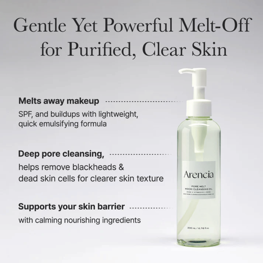 Arencia Pore Melt Mochi Cleansing Oil täysikuvassa tekstillä syväpuhdistuksesta, liuottaa meikin, SPF ja epäpuhtaudet samalla säilyttäen ihon kosteustasapainon.