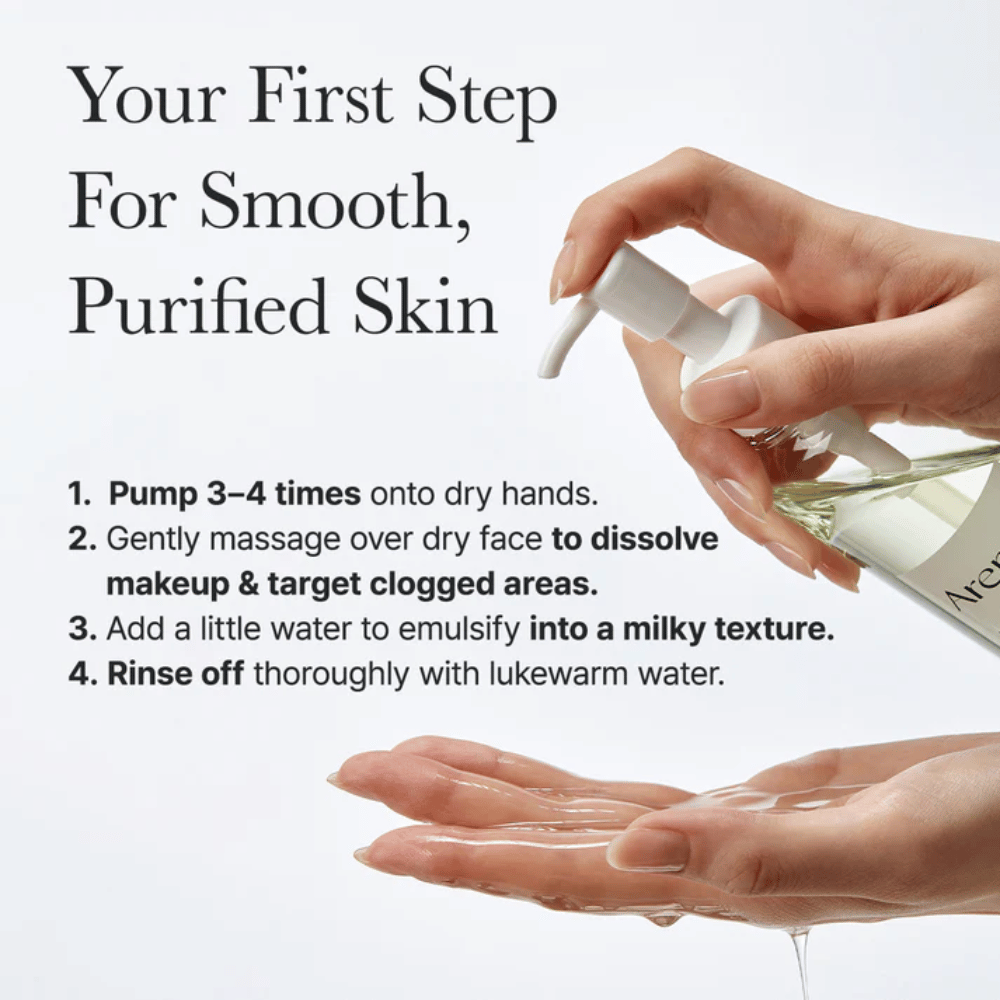 Ohjekuva, joka näyttää, miten Arencia Pore Melt Mochi Cleansing Oil käytetään ensimmäisenä vaiheena puhdistusrutiinissa sileämmälle, puhtaammalle ja tasapainoisemmalle iholle.