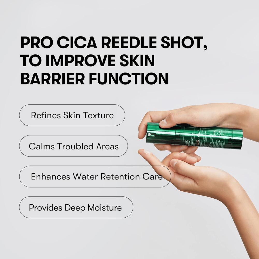 VT Cosmetics Pro Cica Reedle Shot 100 levitetään iholle parantamaan ihon suojaa, rauhoittamaan herkkää ihoa ja antamaan syväkosteutusta