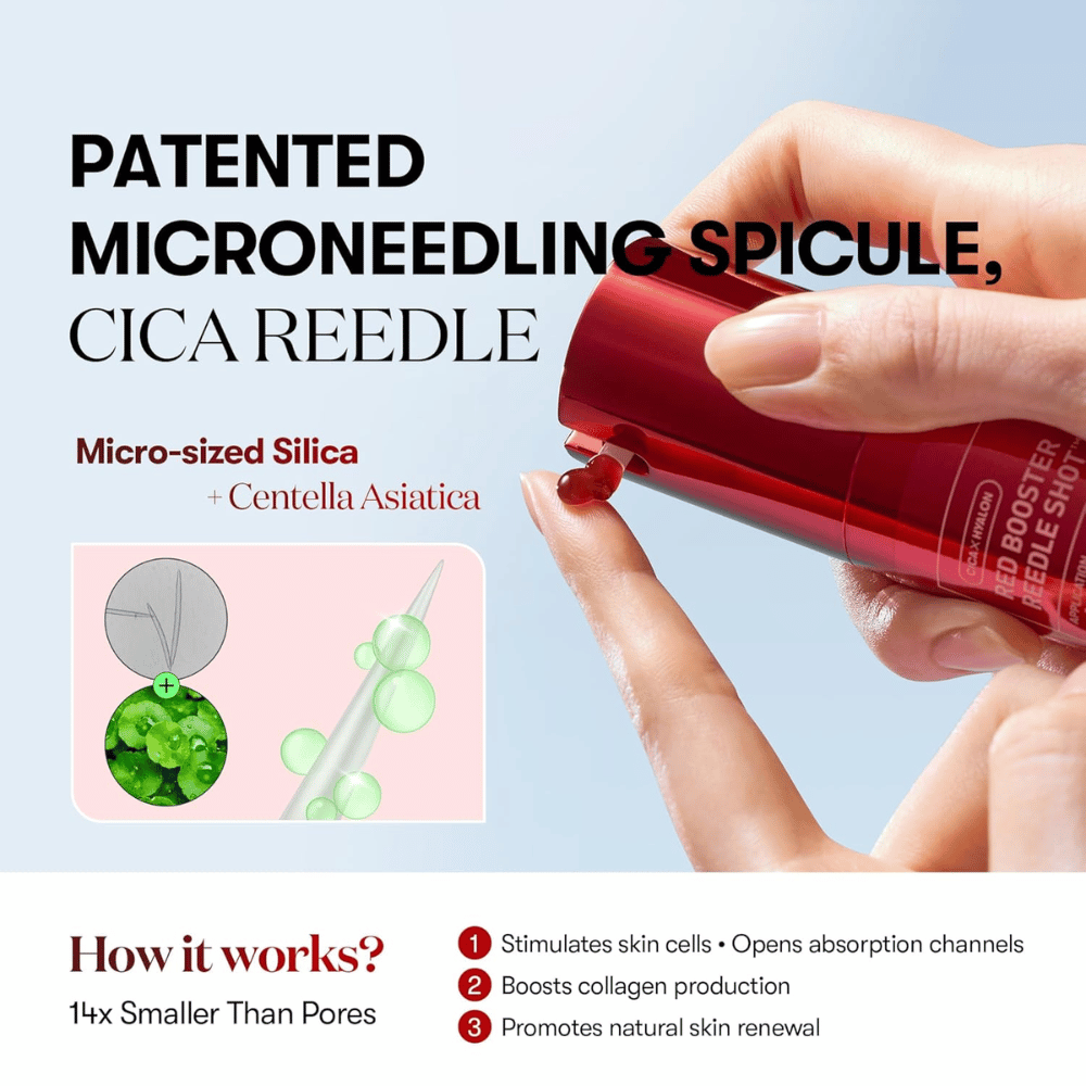 Lähikuva VT Cosmetics Red Booster Reedle Shot 100, joka näyttää patentoitu microneedling-spikuli CICA Reedlellä, mikroskooppisella silikalla ja Centella Asiaticalla, joka stimuloi ihon uudistumista ja kollageenia.