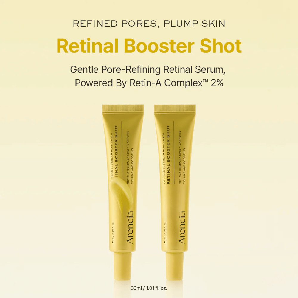 Tuote-esittely Arencia Retinal Booster Shot 2 %, mieto retinalseerumi hienostuneille huokosille, täyteläisemmälle iholle ja tasaisemmalle ihon rakenteelle.