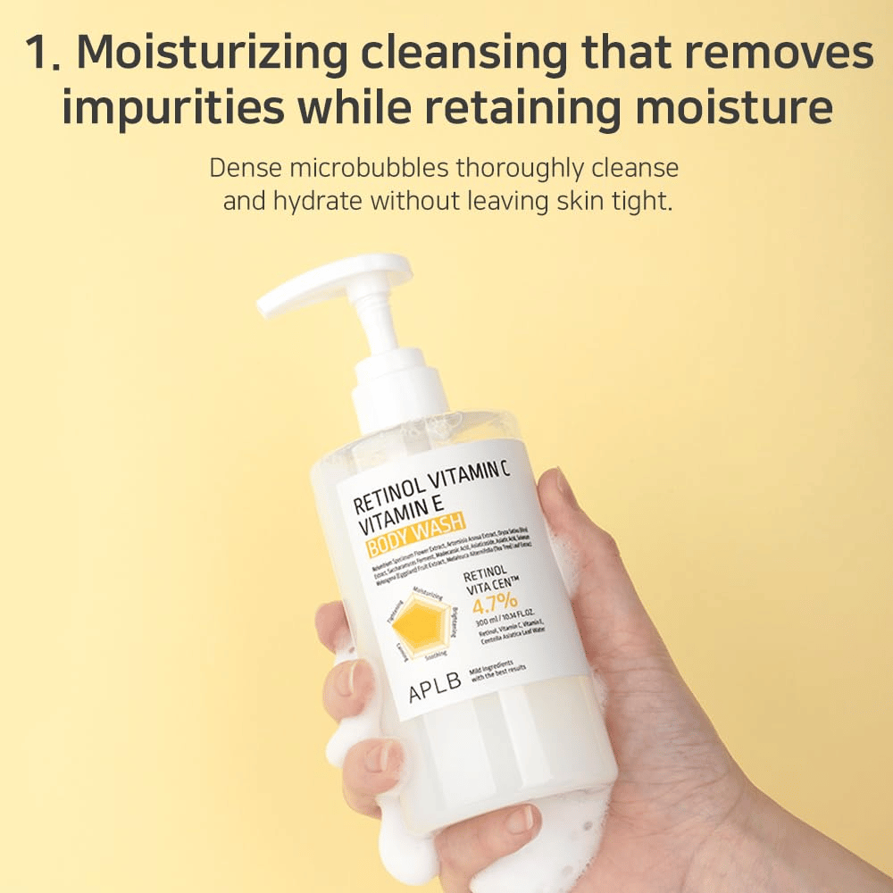 2. APLB Retinol Vitamin C Vitamin E Body Wash – hellävarainen suihkusaippua mikrokuplilla, jotka puhdistavat kuivattamatta ihoa