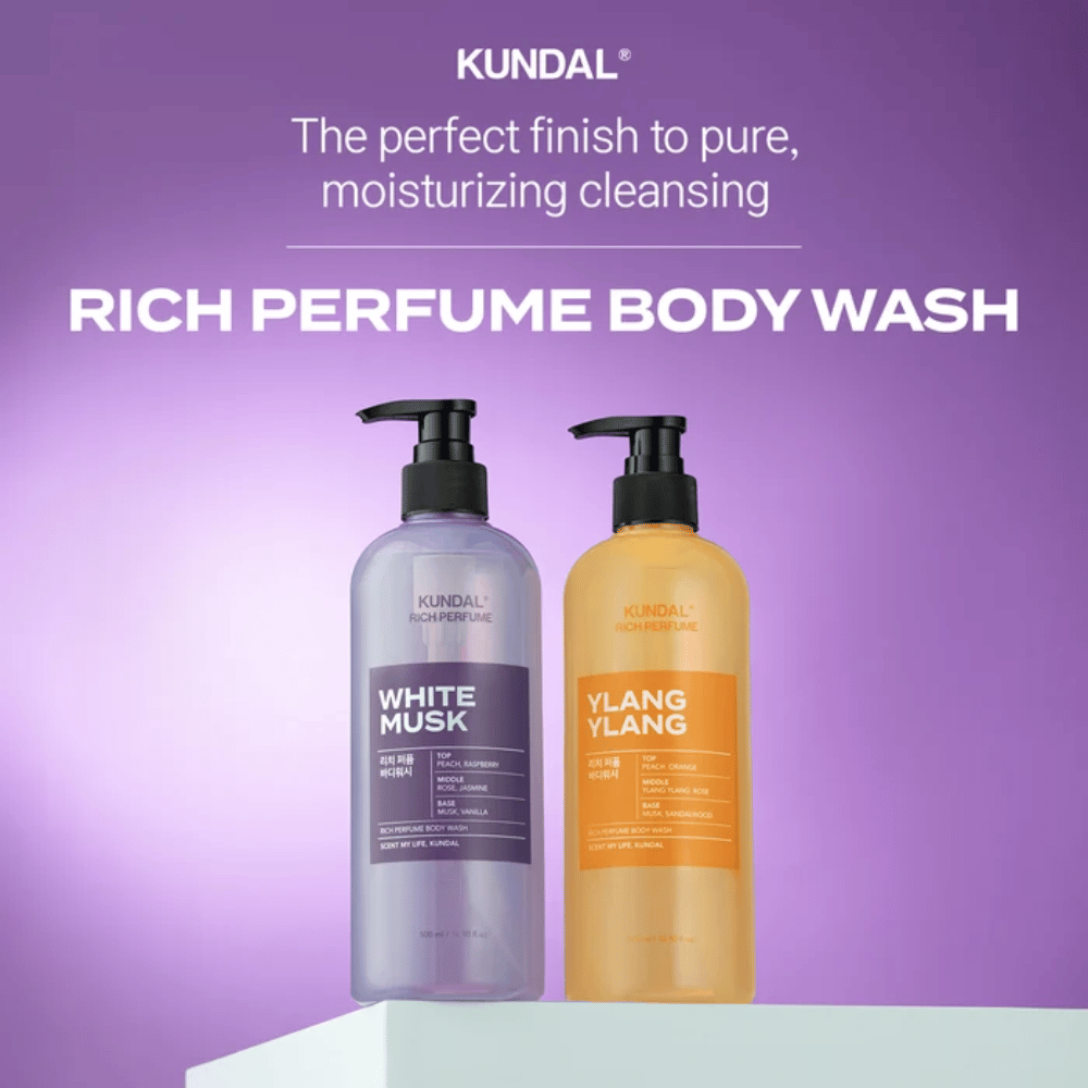 5. KUNDAL Rich Perfume Body Wash White Musk & Ylang Ylang – hajustettu ja kosteuttava vartalonpuhdistus