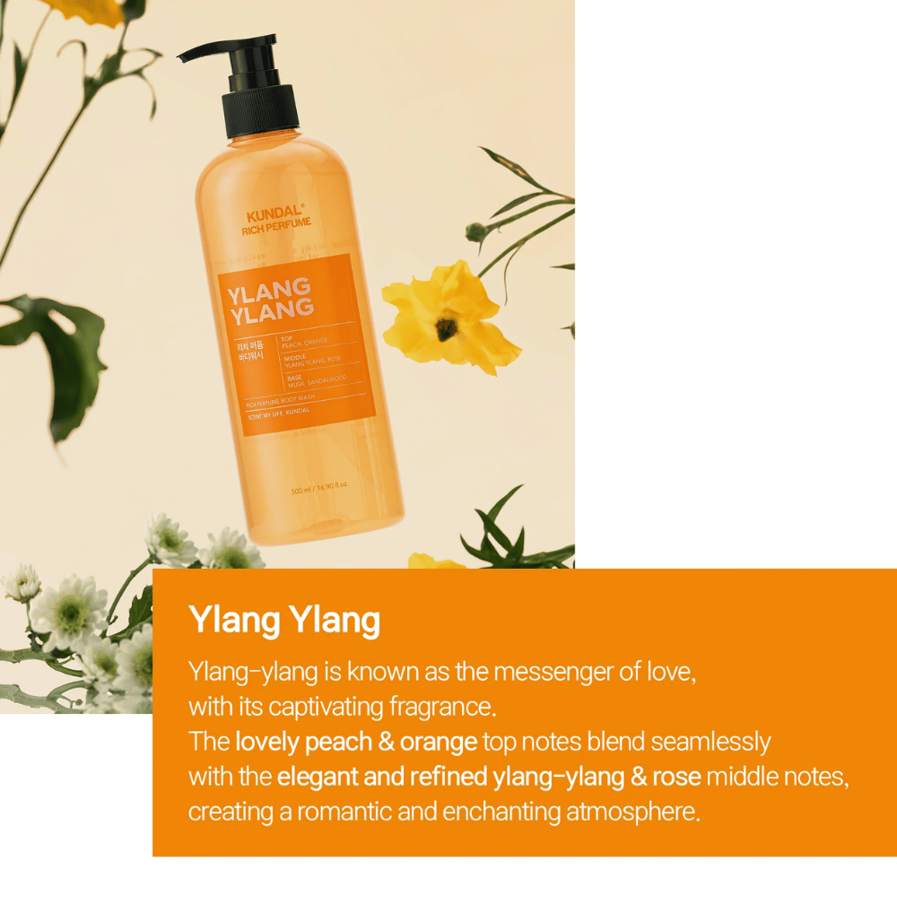 2. KUNDAL Rich Perfume Body Wash Ylang Ylang 500 ml – suihkusaippua, jossa tuoksuu persikka, appelsiini, ylang-ylang, ruusu, myski ja santelipuu
