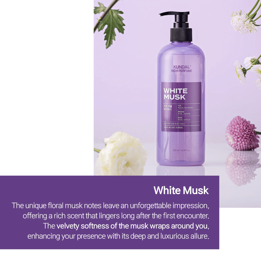 1. KUNDAL Rich Perfume Body Wash White Musk & Ylang Ylang 500 ml – hajustettu suihkusaippua kahdessa tuoksuvaihtoehdossa