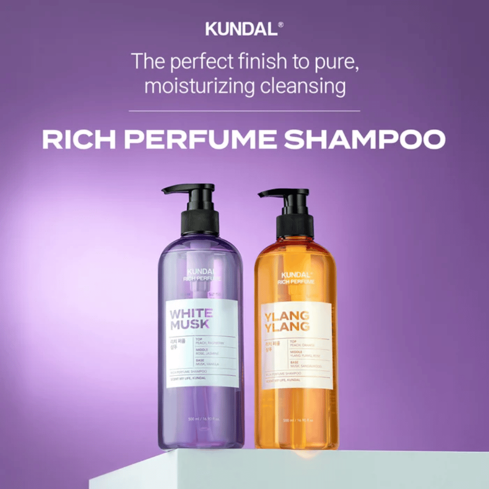 7. KUNDAL Rich Perfume Shampoo White Musk & Ylang Ylang 500 ml – puhdistava shampoo, jossa on kosteuttavia ominaisuuksia, kahdessa tuoksuvaihtoehdossa