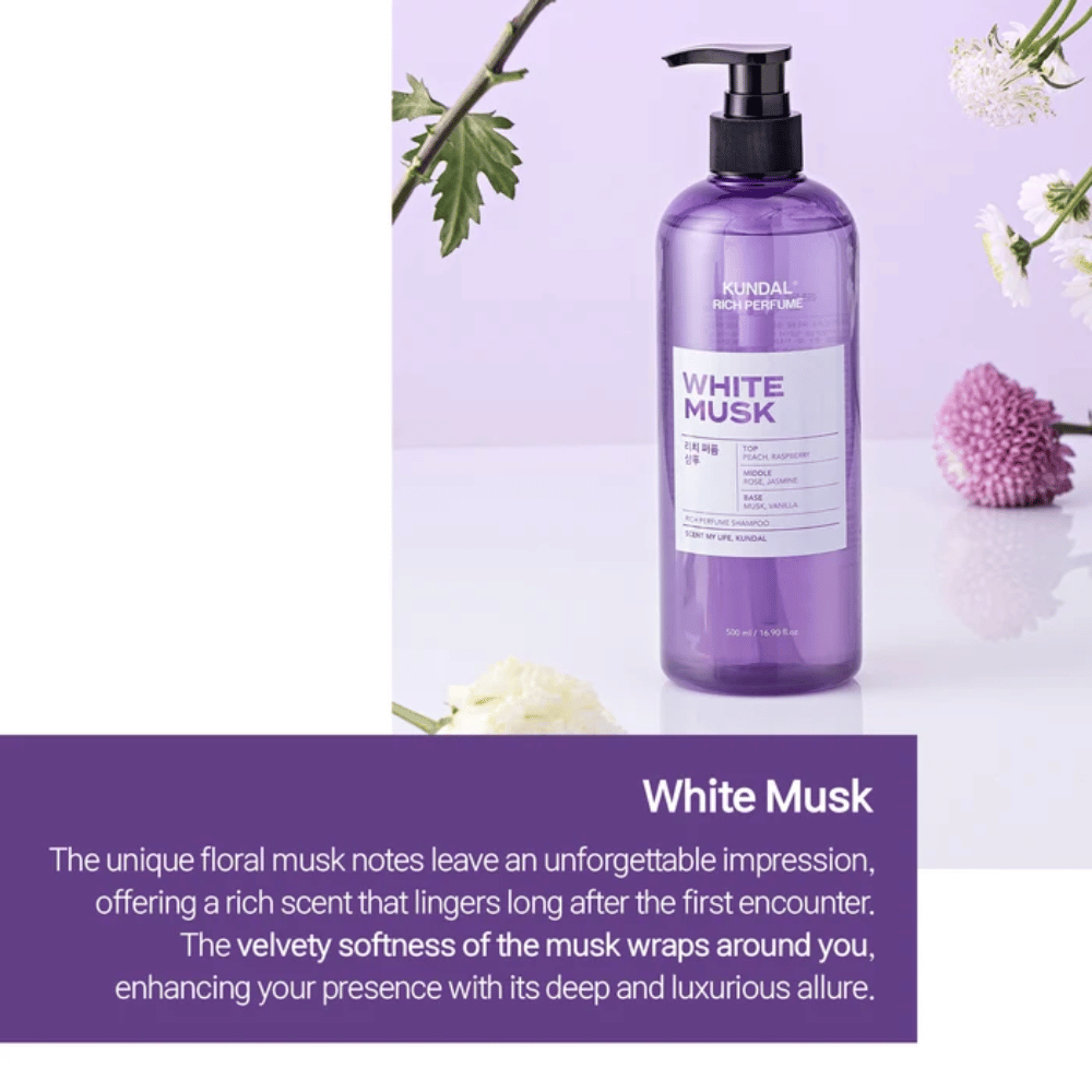 4. KUNDAL Rich Perfume Shampoo White Musk – violetti shampoo pullo, jossa on kukkaisia vivahteita ja pehmeä myskin tuoksu