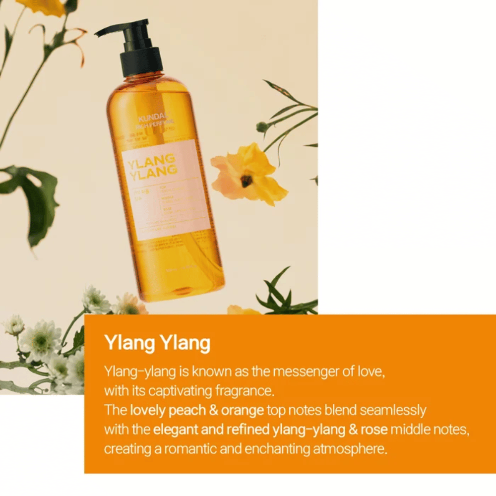 3. KUNDAL Rich Perfume Shampoo Ylang Ylang – oranssi shampoo pullo, jossa on kukkainen ja hedelmäinen tuoksu
