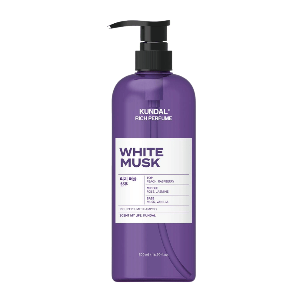2. KUNDAL Rich Perfume Shampoo White Musk 500 ml – shampoo, jossa on persikan, vadelman, ruusun, jasmiinin, myskin ja vaniljan tuoksu