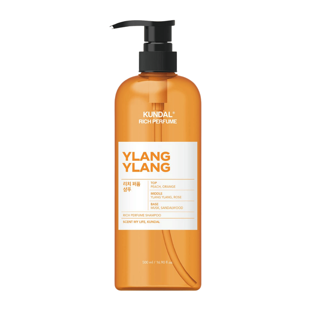 1. KUNDAL Rich Perfume Shampoo Ylang Ylang 500 ml – parfymoitu shampoo, jossa on persikan, appelsiinin, ylang-ylangin ja ruusun tuoksu