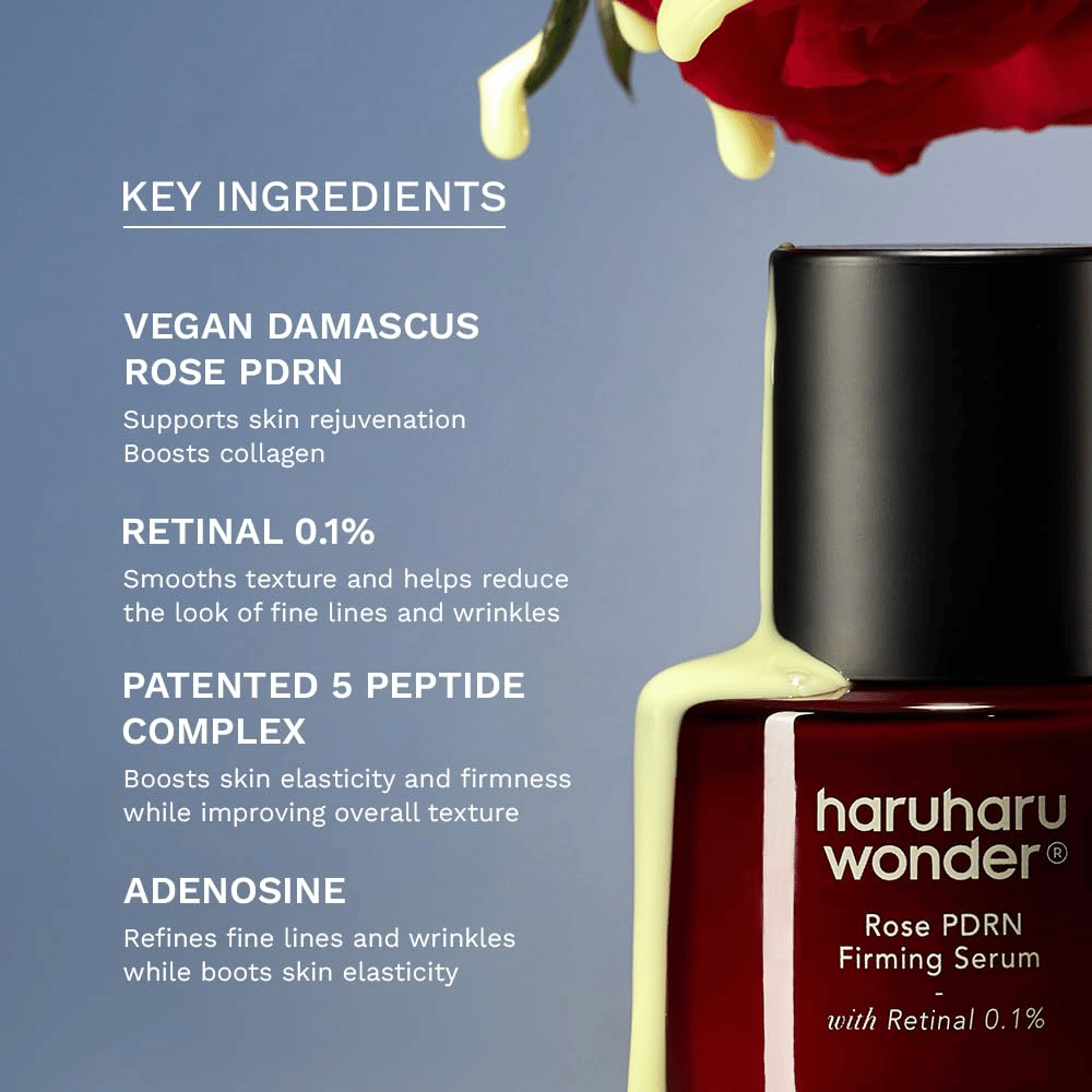 Haruharu Wonder Rose PDRN Firming Serum, jossa on vegaanista Rose PDRN, retinalia 0,1 %, peptidejä ja adenosiinia