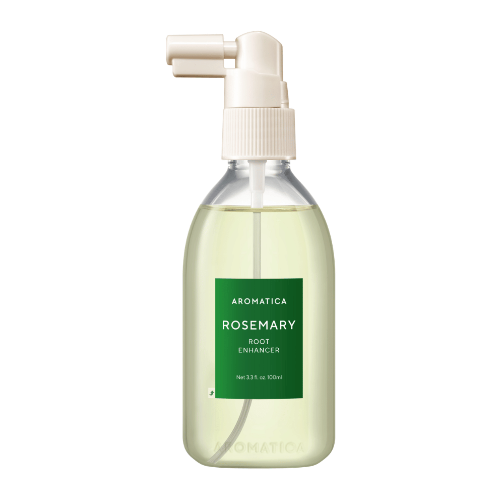 AROMATICA Rosemary Root Enhancer läpinäkyvässä pullossa vihreällä etiketillä ja käytännöllisellä annostelukärjellä. Irrotettu tuotekuva, joka näyttää selkeästi pakkauksen muotoilun ja sisällön.