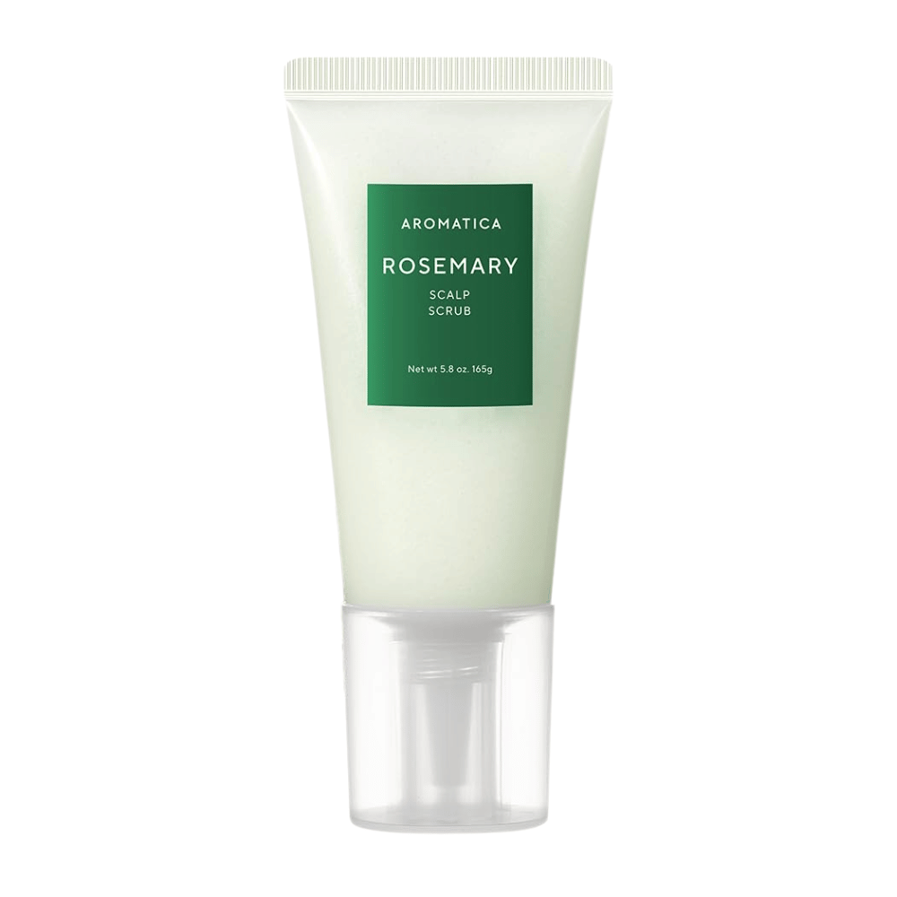 4. AROMATICA Rosemary Scalp Scrub 165 g – kuoriva päänahan kuorinta rosmariinilla vaaleanvihreässä tuubissa valkoista taustaa vasten