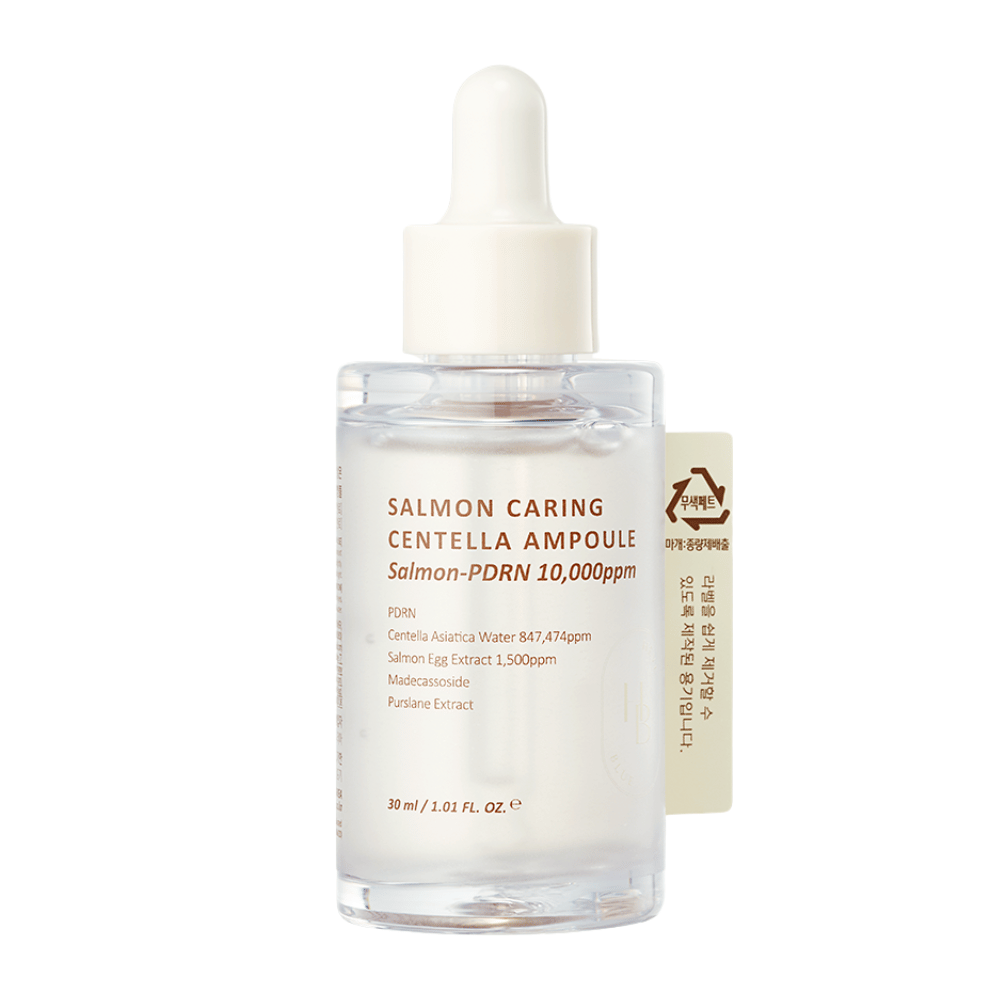 Heveblue Salmon Caring Centella Ampoule Salmon-PDRN 10,000ppm – korealainen seerumi rauhoittaa punoitusta, vahvistaa ihon suojakerrosta ja antaa kosteutetun ihon
