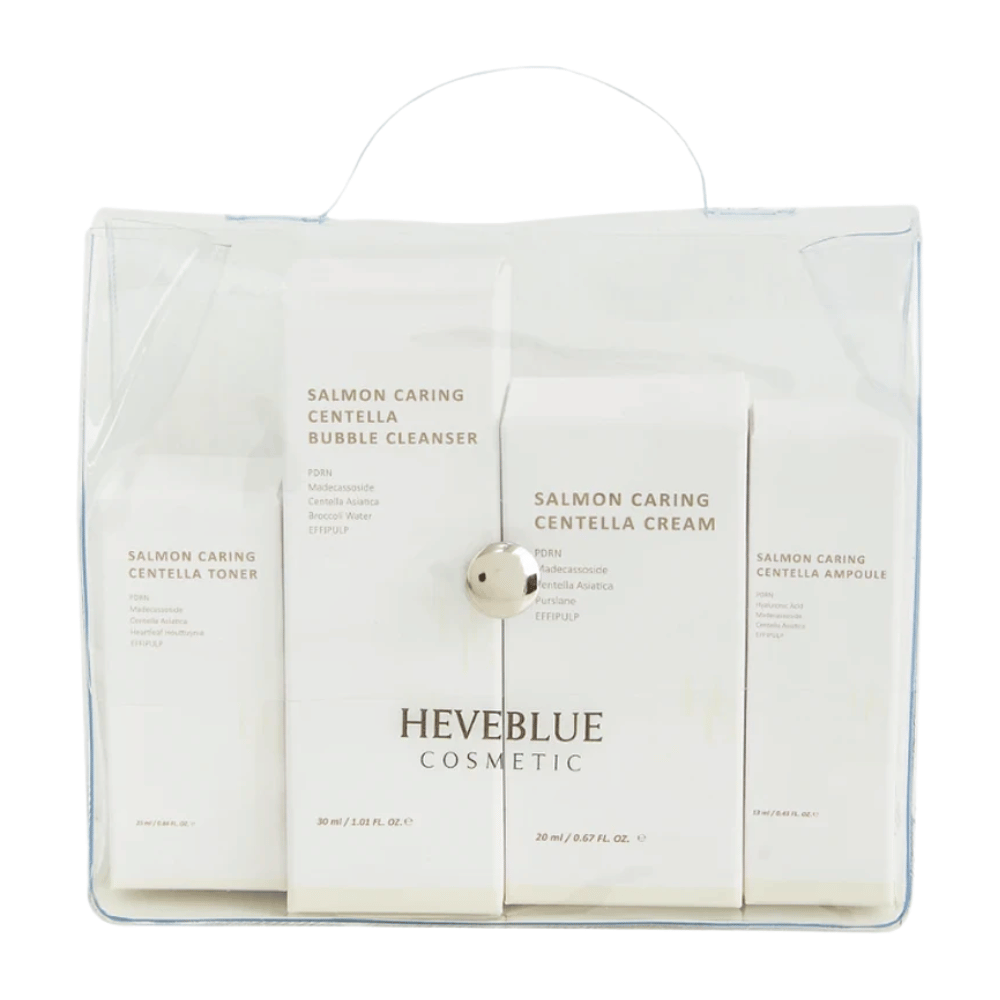 Heveblue Salmon Caring Centella Special Travel Kit ihonhoitosetti – korealainen ihonhoitorutiini, jossa on kasvovesi, kuplapuhdistusaine, voide ja ampulli, joissa on Centella Asiatica ja PDRN.