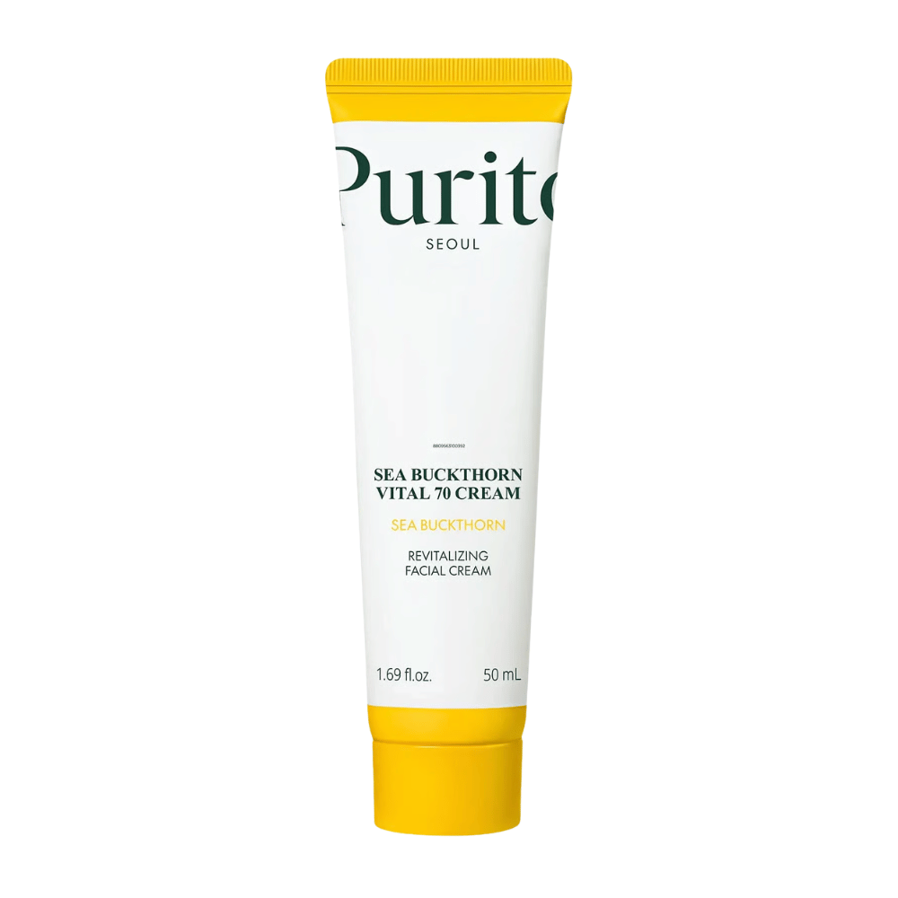 2. Purito SEOUL Sea Buckthorn Vital 70 Cream 50 ml – kosteuttava kasvovoide, jossa on 70 % tyrniuuteetta, valkoisessa tuubissa keltaisella korkilla valkoista taustaa vasten