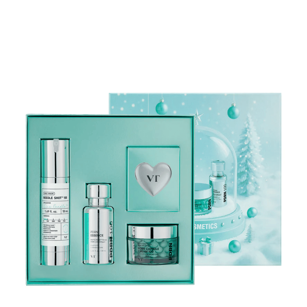 VT Cosmetics Shining Holiday Set – elegantti lahjapakkaus, jossa on Reedle Shot 100, PDRN Essence, PDRN Capsule Cream ja avaimenperä.