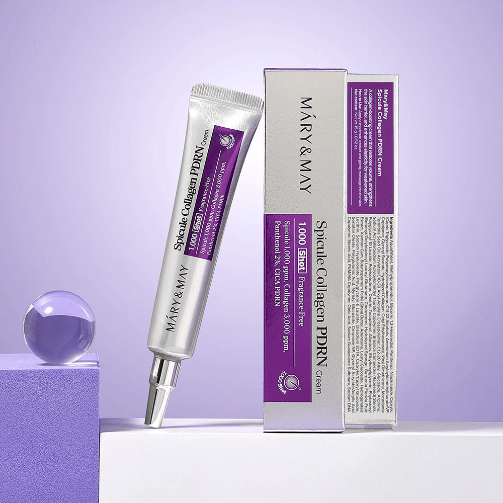 Mary & May Spicule Collagen PDRN Cream alkuperäispakkauksen vieressä, uudistava kasvovoide kollageenilla, PDRN ja spikule.
