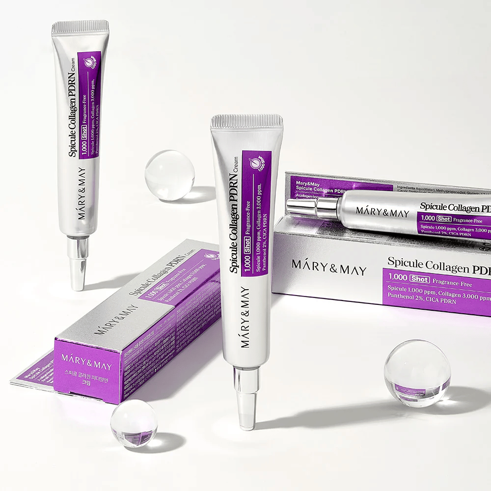 Mary & May Spicule Collagen PDRN Cream tuubissa pakkauksella, korealainen ihonhoito spikuleilla, kollageenilla ja PDRN ihon uudistamiseen ja parantuneeseen elastisuuteen.