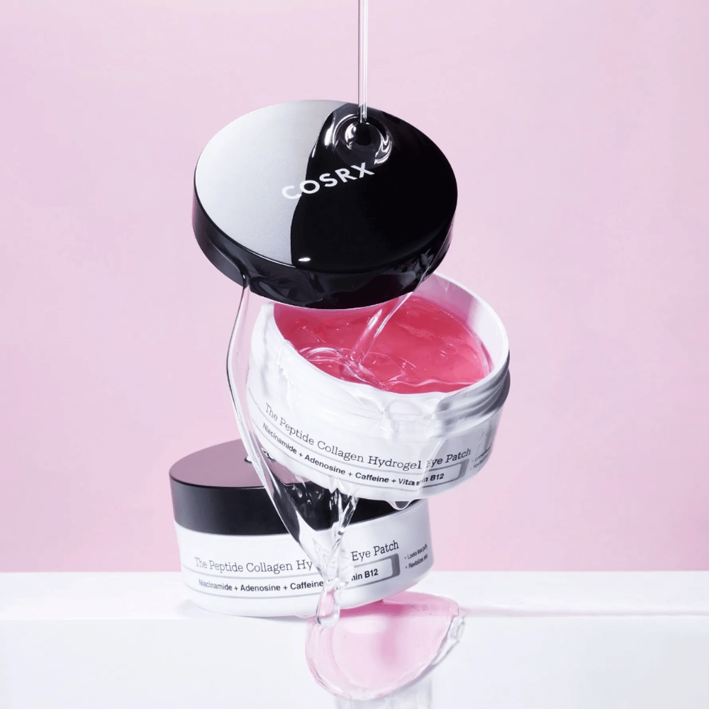 COSRX Peptide Collagen Hydrogel Eye Patch – vaaleanpunainen geelikaava, joka on rikas niacinamidista, adenosiinista, kofeiinista ja B12-vitamiinista.