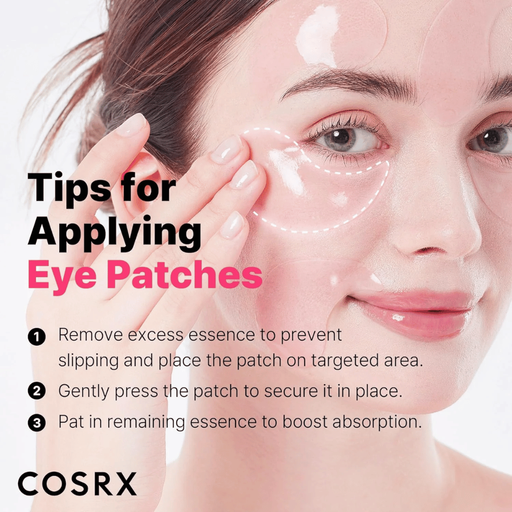 Vinkkejä COSRX Peptide Collagen Eye Patch -silmänympärysnaamion levitykseen – paina kiinni, poista ylimääräinen essence ja taputtele loput ihoon.