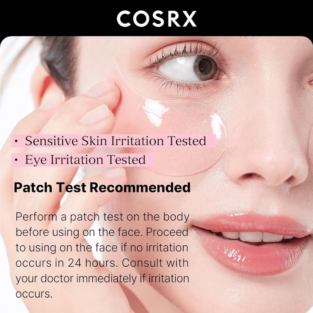 COSRX Peptide Collagen Hydrogel Eye Patch – testattu herkälle iholle ja silmien ärsytykselle, turvallinen päivittäiseen käyttöön.