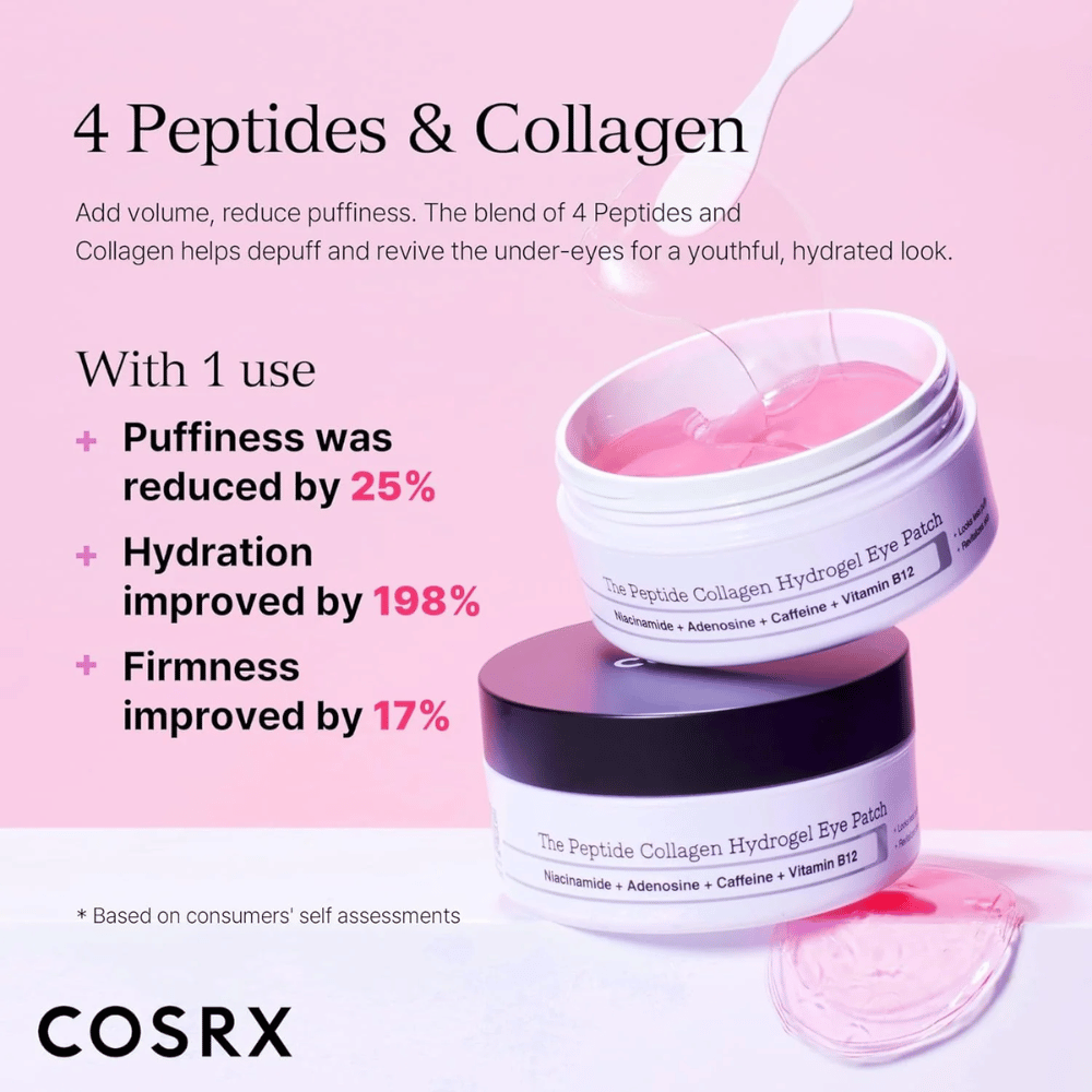 COSRX Peptide Collagen Eye Patch neljällä peptidillä ja kollageenilla, joka vähentää turvotusta, lisää kosteutta 198 % ja parantaa kiinteyttä.