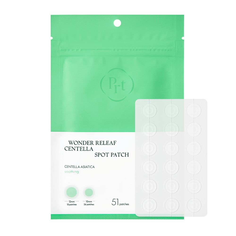 Tuotekuva Purito Wonder Releaf Centella Spot Patch pakkauksella ja 51 läpinäkyvällä aknelaastarilla kahdessa koossa tehokkaaseen pistemäiseen hoitoon.