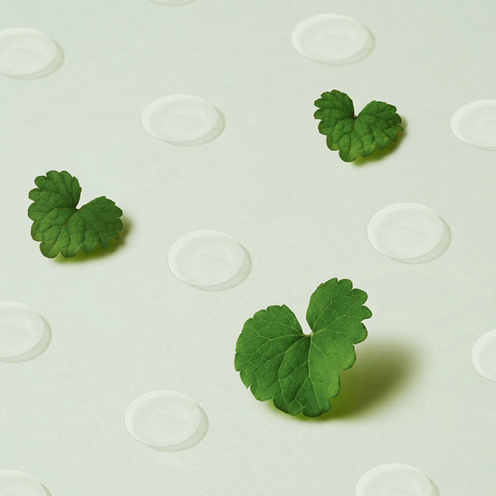 Läpinäkyvät spot-patchit yhdessä centella-lehtien kanssa, jotka kuvaavat Purito Wonder Releaf Centella Spot Patch ja sen rauhoittavaa vaikutusta tulehtuneelle ja herkälle iholle.