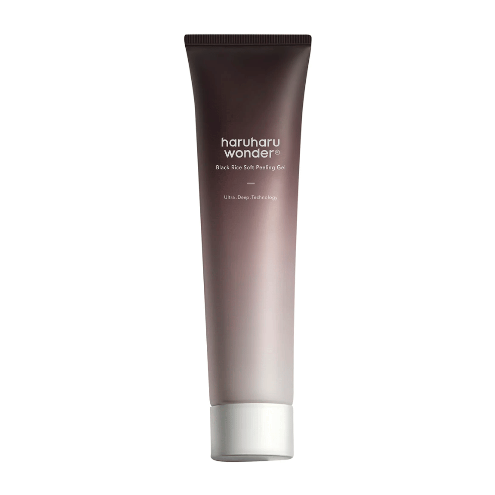 100 ml:n putkilo Haruharu Wonder Black Rice Soft Peeling Gel kuorivilla ominaisuuksilla valkoisella taustalla.
