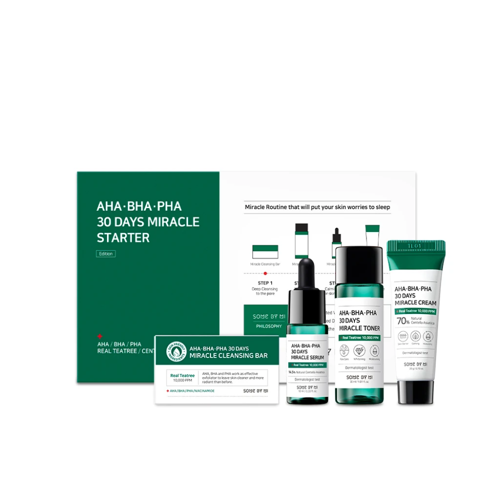 Joukko SOME BY MI AHA, BHA, PHA 30 Days Miracle Starter Limited Set vihreällä laatikolla.